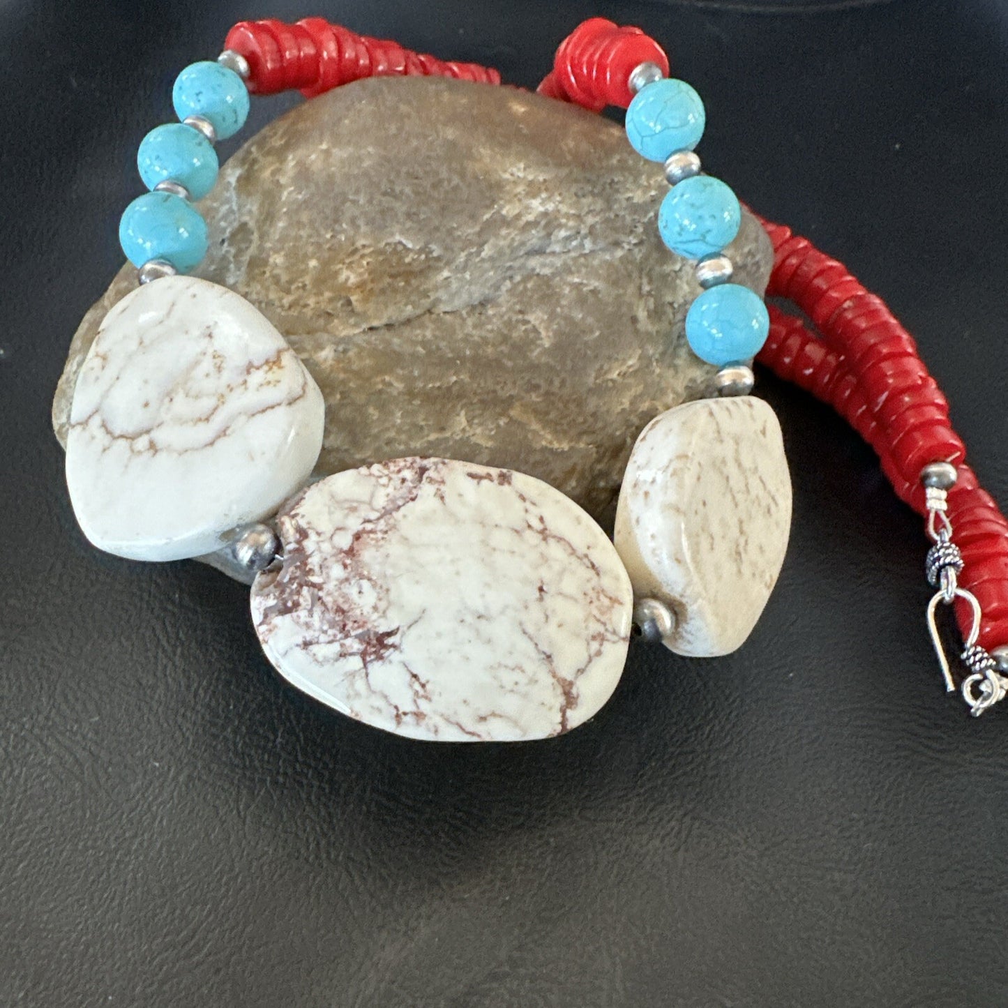 Mens Wild Horse Blue Turquoise Red Coral Navajo Sterling Silver Necklace 17980