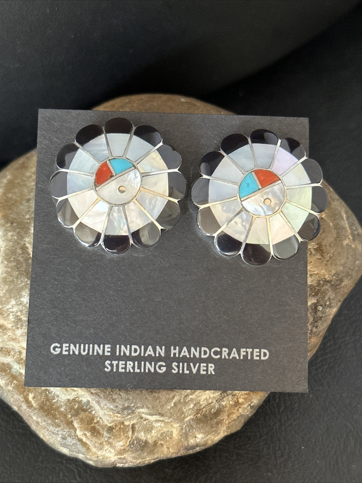Coral Turquoise Onyx Abalone Zuni Sterling Silver Sunface Inlay Earrings 14769