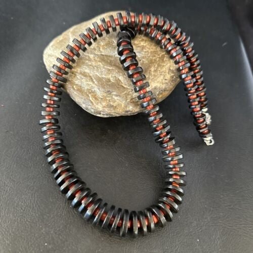 Navajo Bamboo Coral Black Onyx Necklace Sterling Silver 20" 14431