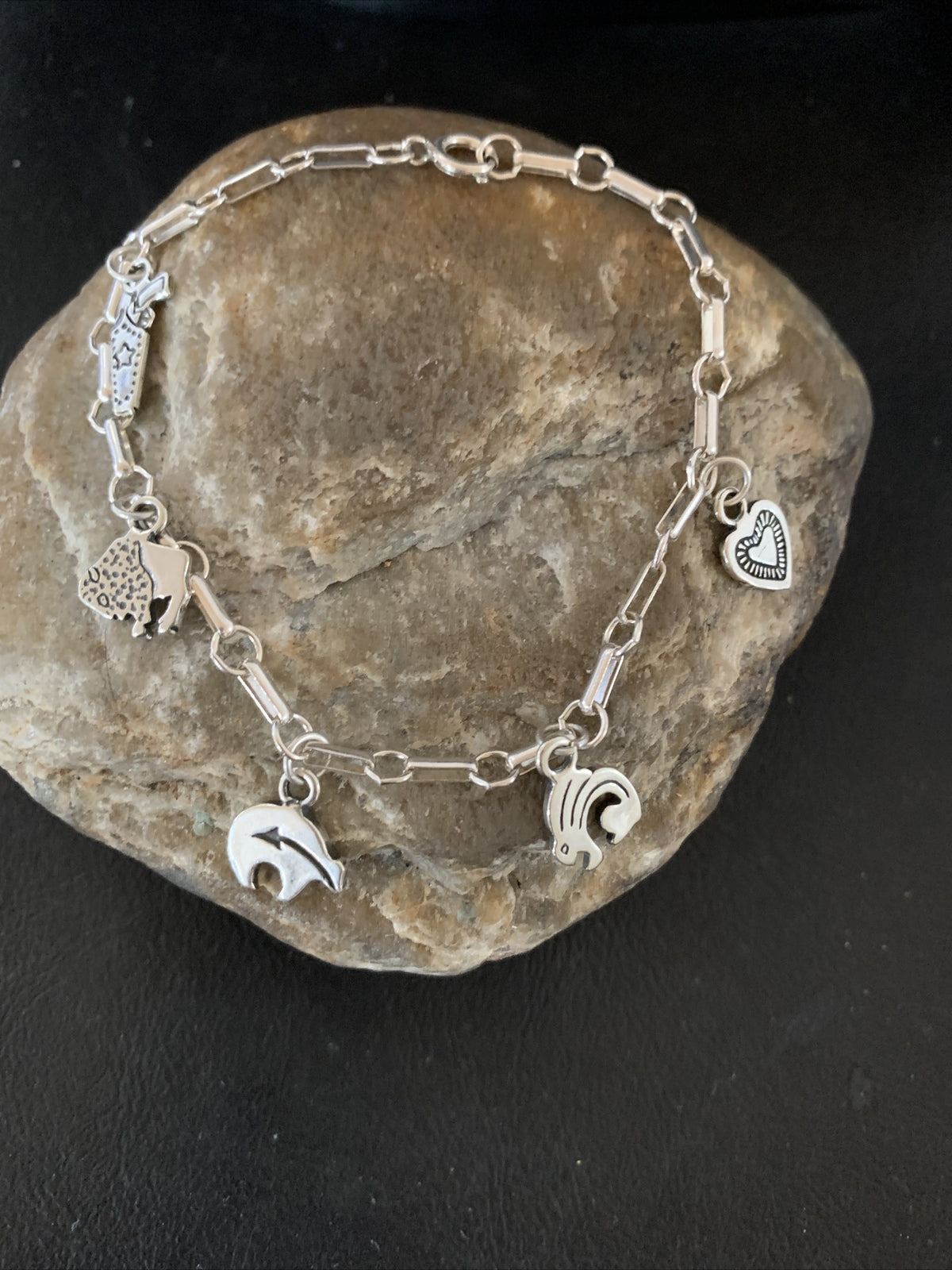 Kokopelli Different Charms Navajo Sterling Silver Link Bracelet 7.5" 1464