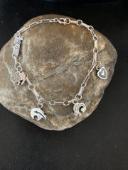 Kokopelli Different Charm Navajo Link Bracelet 7.5" | Sterling Silver | Authentic Native American Handmade | 1464
