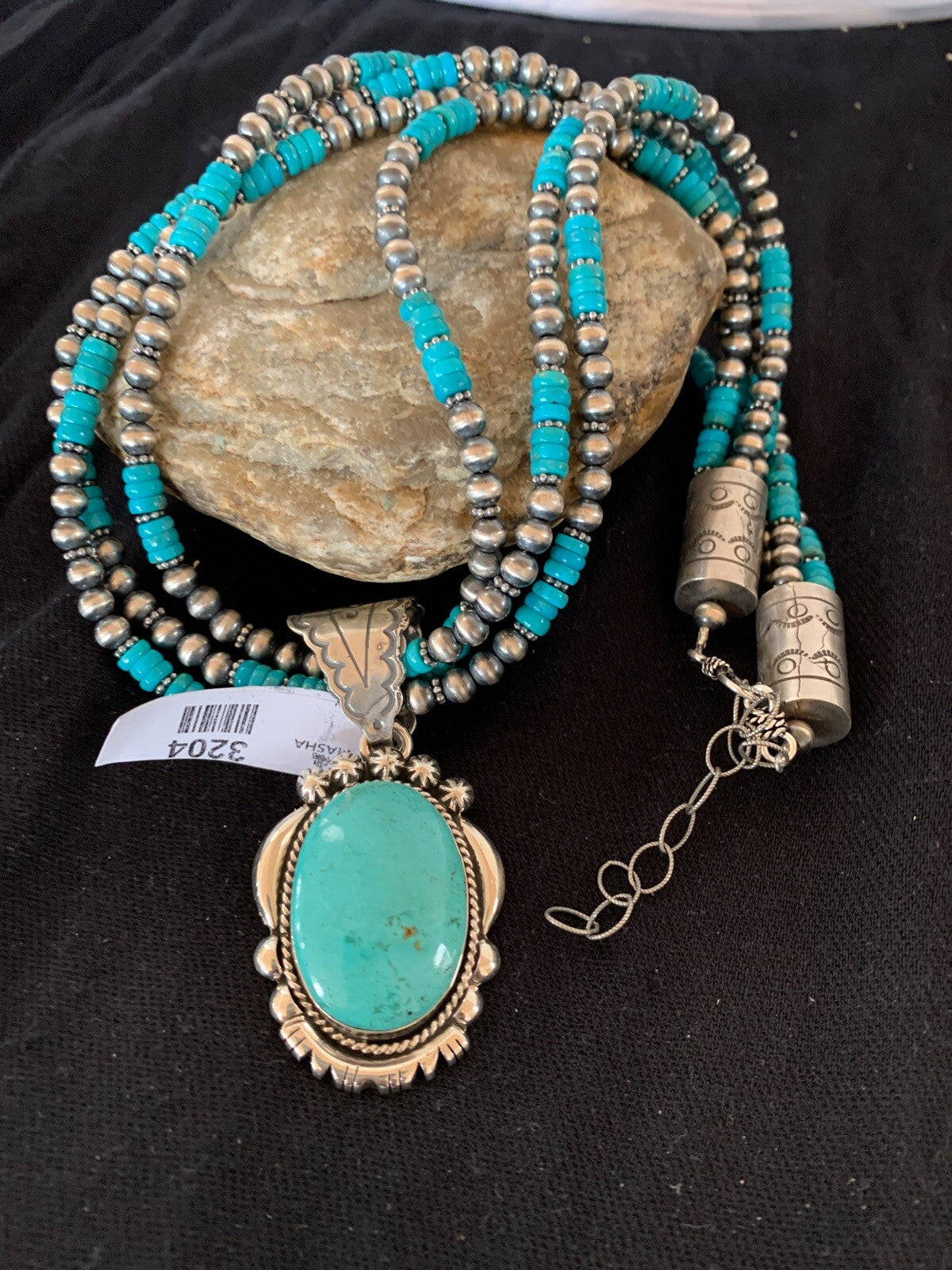 Kingman Turquoise Pendant 3 Strands Navajo Pearls Sterling Silver Necklace 03204