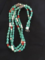 Turquoise, Mother Of Pearl, Spiny 3 Strands Navajo Silver Necklace | Sterling Silver | Authentic Native American Handmade | 03262