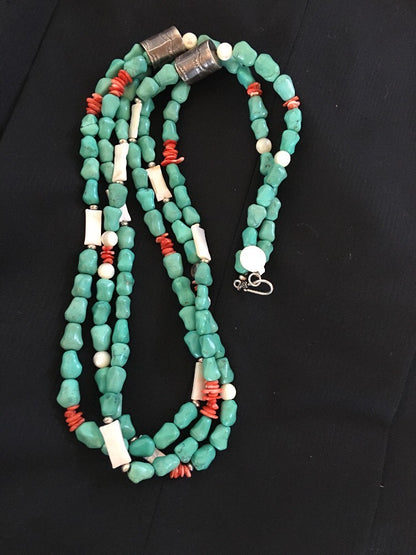 Turquoise, Mother Of Pearl, Spiny 3 Strands Navajo Sterling Silve Necklace 03262