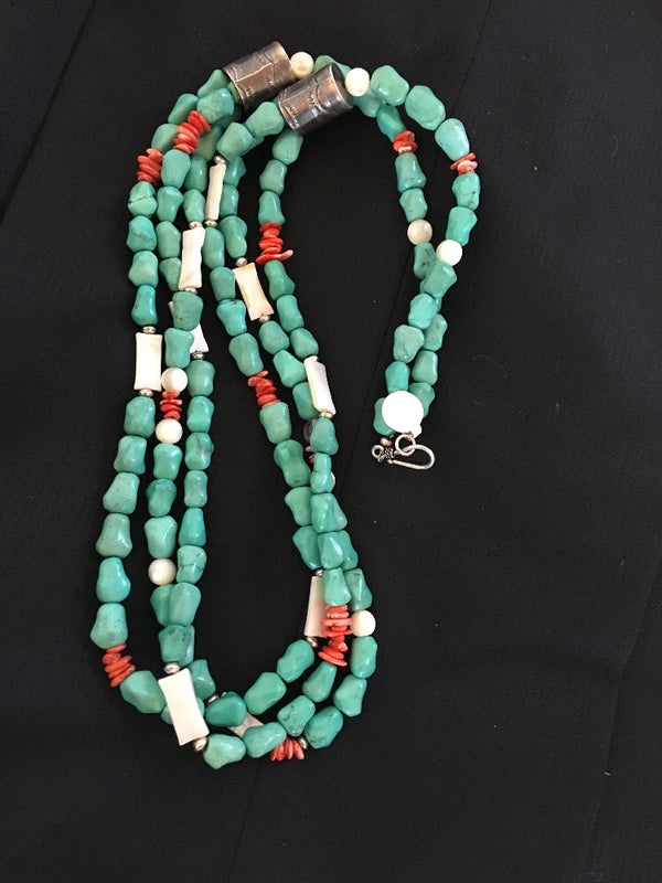 Turquoise, Mother Of Pearl, Spiny 3 Strands Navajo Silver Necklace | Sterling Silver | Authentic Native American Handmade | 03262