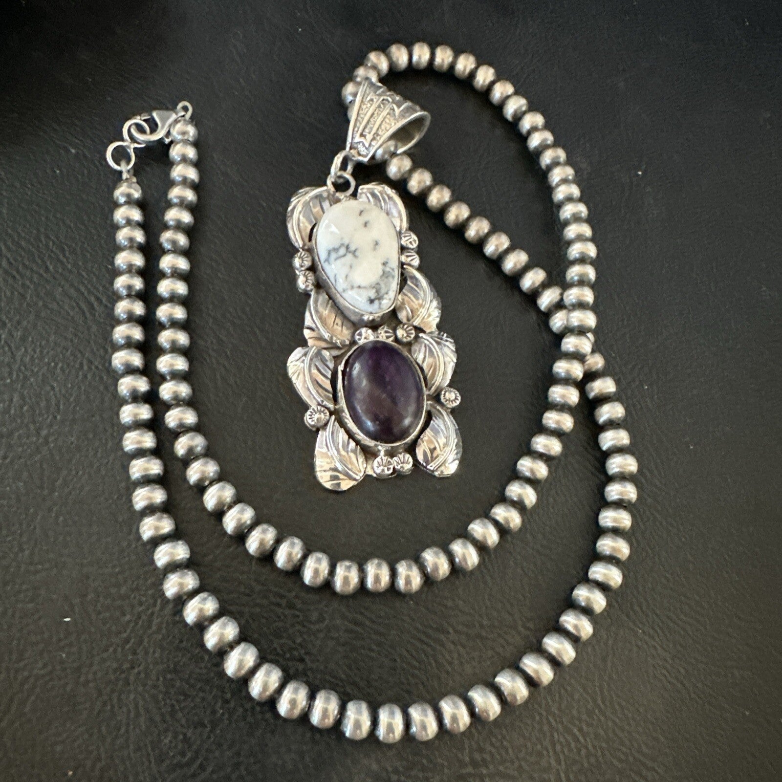 Navajo Sterling Silver White Buffalo Turquoise  Purple Stone Pendant 18035