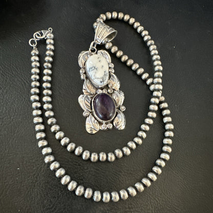 Navajo Sterling Silver White Buffalo Turquoise  Purple Stone Pendant 18035