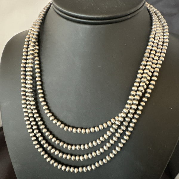 4mm 4 Strand Bib 16-19"Navajo Pearls Cone Necklace | Sterling Silver | Authentic Native American Handmade | 19397