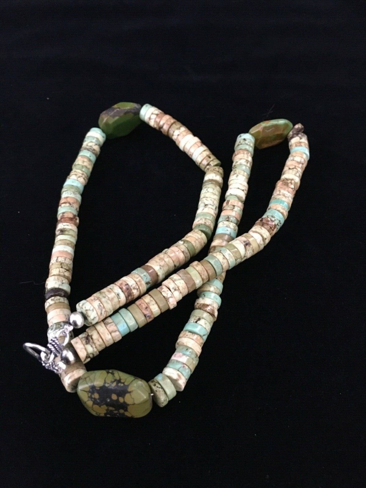Mens Chunky Green Turquoise Navajo Sterling Silver Heishi Necklace 1797
