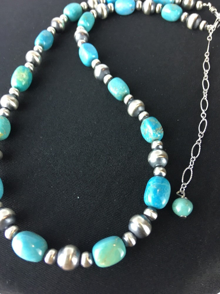 Native American Sterling Silver Blue Green Turquoise Necklace 18" 10096