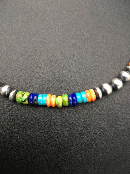 Southwestern Turquoise Spiny Lapis Silver Necklace Bracelet Set 8" 02762
