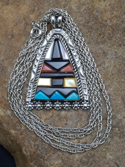 Turquoise Multi-Color Pendant Navajo Indian Sterling Silver Necklace 4093