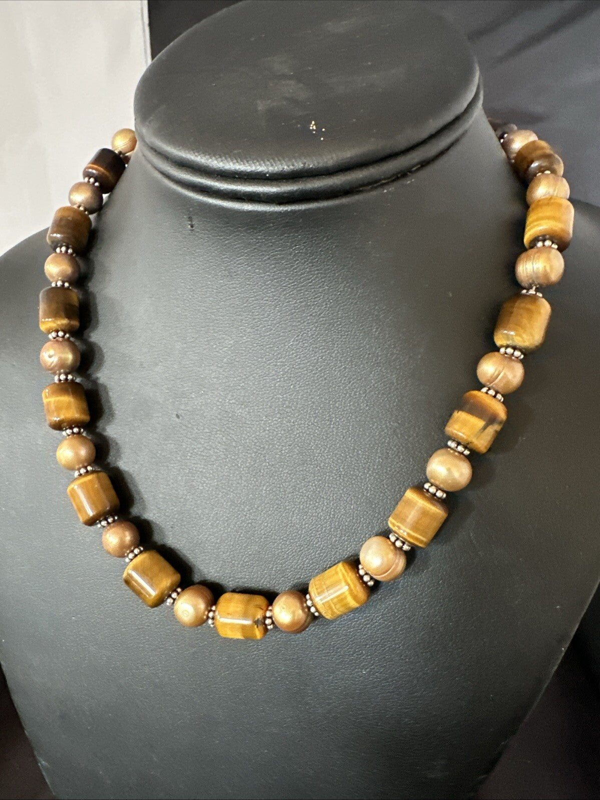 Coffee Tigers Eye Culture Pearl Sterling Silver Necklace Wrap Bracelet 17” 18737
