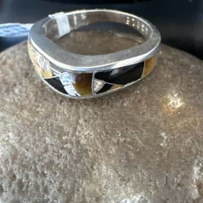 Navajo Black Onyx Tiger's Eye Inlay Sterling Ring Size 7 18699