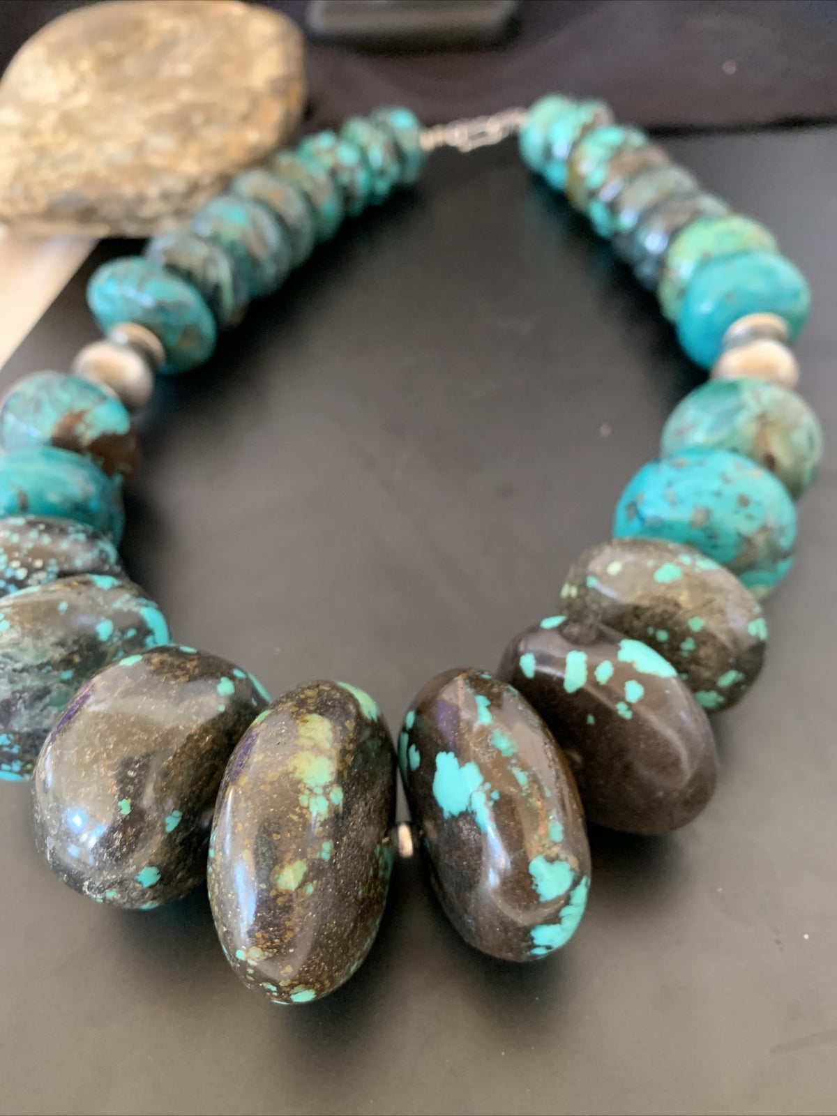 Blue Turquoise Chunky Graduated Navajo Sterling Silver Beads Necklace 11381