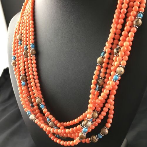 Navajo Orange Bamboo Coral Necklace 7 Strand Sterling Silver 19" 10173