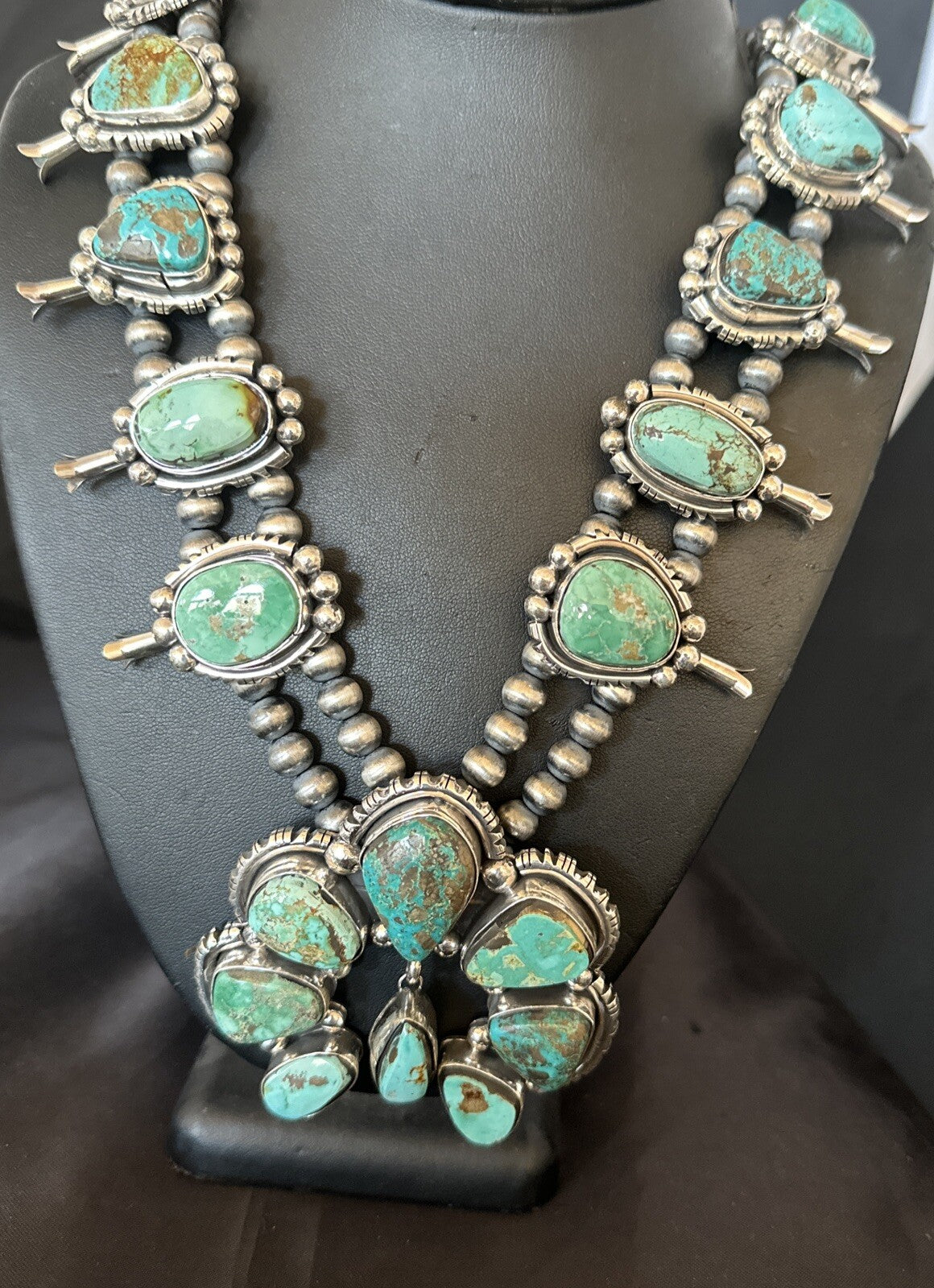 Green Royston Turquoise Navajo Squash Sterling Silver Naja Necklace 18236