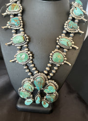 Green Royston Turquoise Navajo Squash Naja Necklace | Sterling Silver | Authentic Native American Handmade | 18236