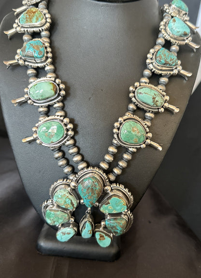 Green Royston Turquoise Navajo Squash Sterling Silver Naja Necklace 18236