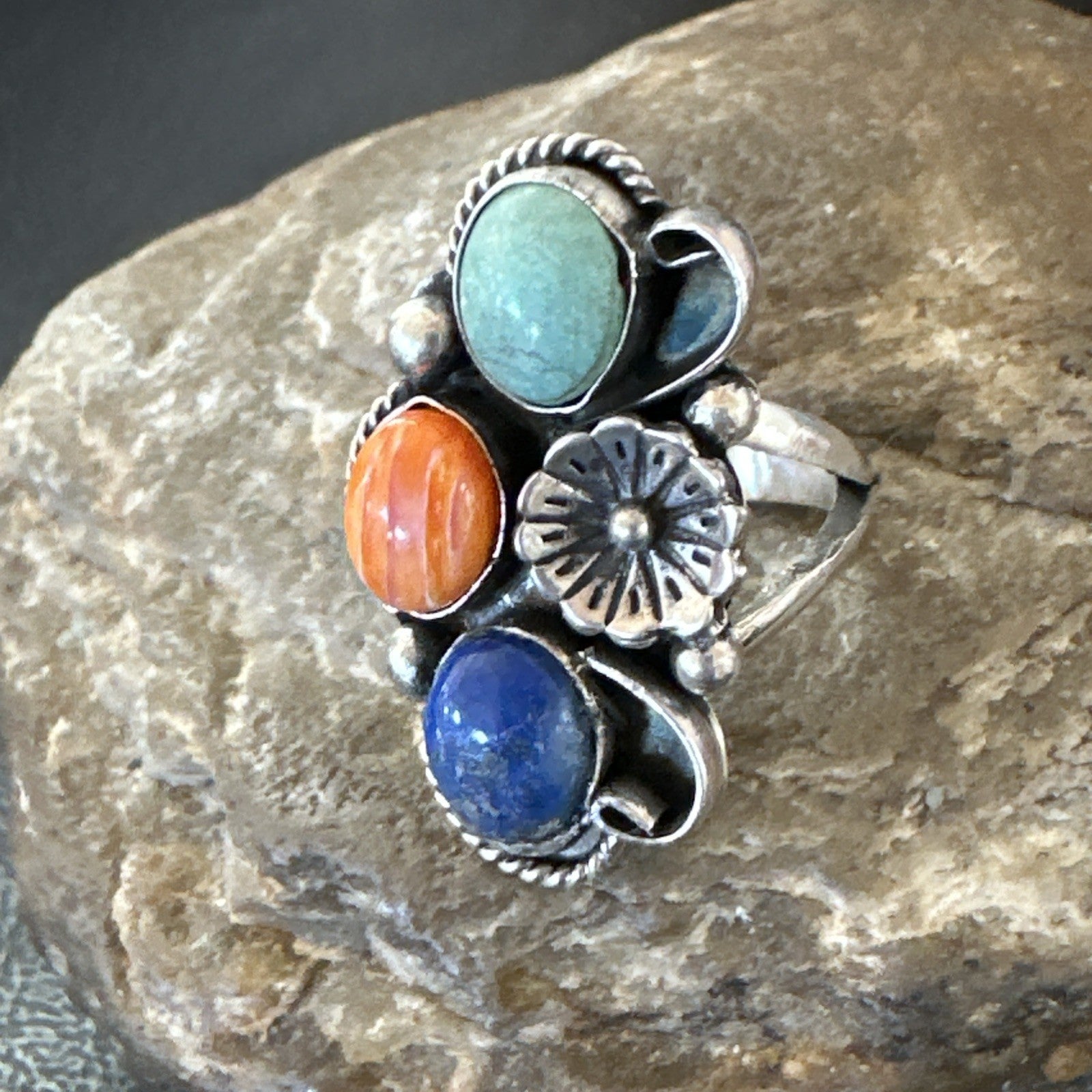 Yazzie Ring Turquoise Lapis Spiny Navajo Sterling Silver Cluster Sz 8.5 19315