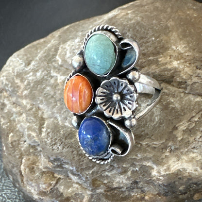 Yazzie Ring Turquoise Lapis Spiny Navajo Sterling Silver Cluster Sz 8.5 19315