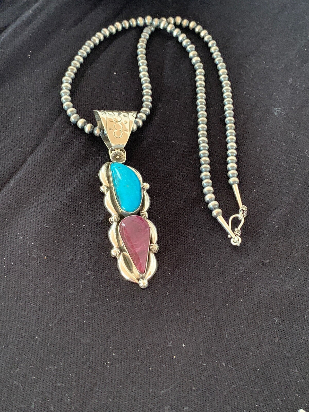 Kingman Turquoise & Spiny Oyster Pendant Navajo Sterling Silver Necklace 04576