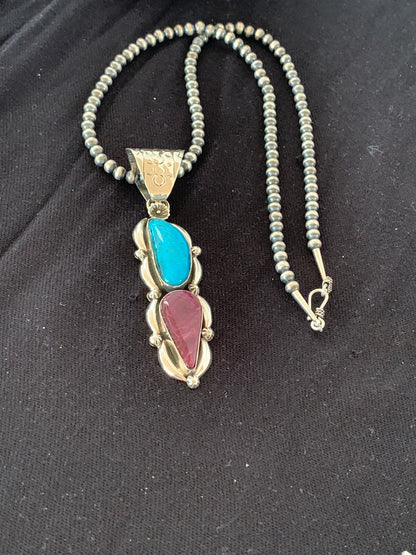 Kingman Turquoise & Spiny Oyster Pendant Navajo Sterling Silver Necklace 04576