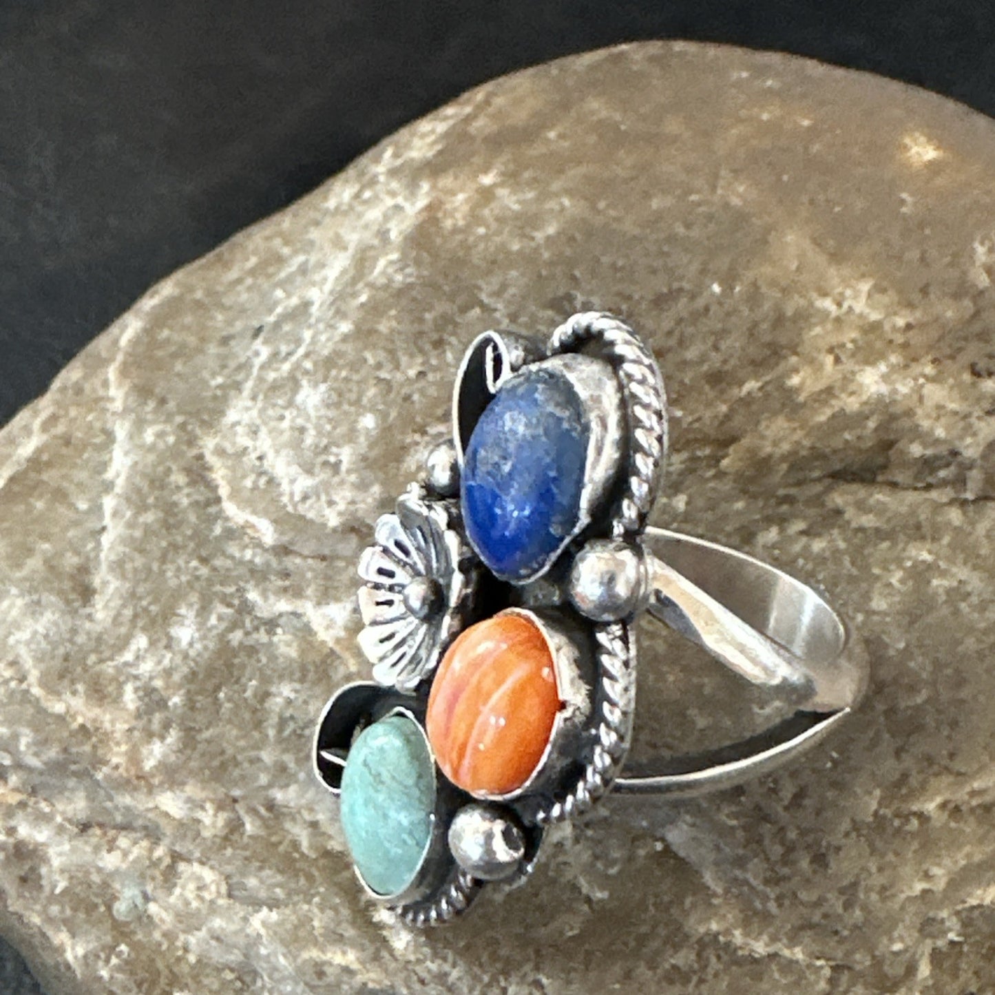 Yazzie Ring Turquoise Lapis Spiny Navajo Sterling Silver Cluster Sz 8.5 19315