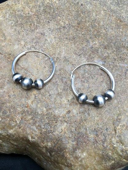 Native American Indian Hoop Sterling Silver Beads Earrings 3108