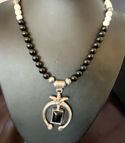 Mens Black Onyx Howlite Naja Pendant Navajo Sterling Silver Necklace 23” 17687
