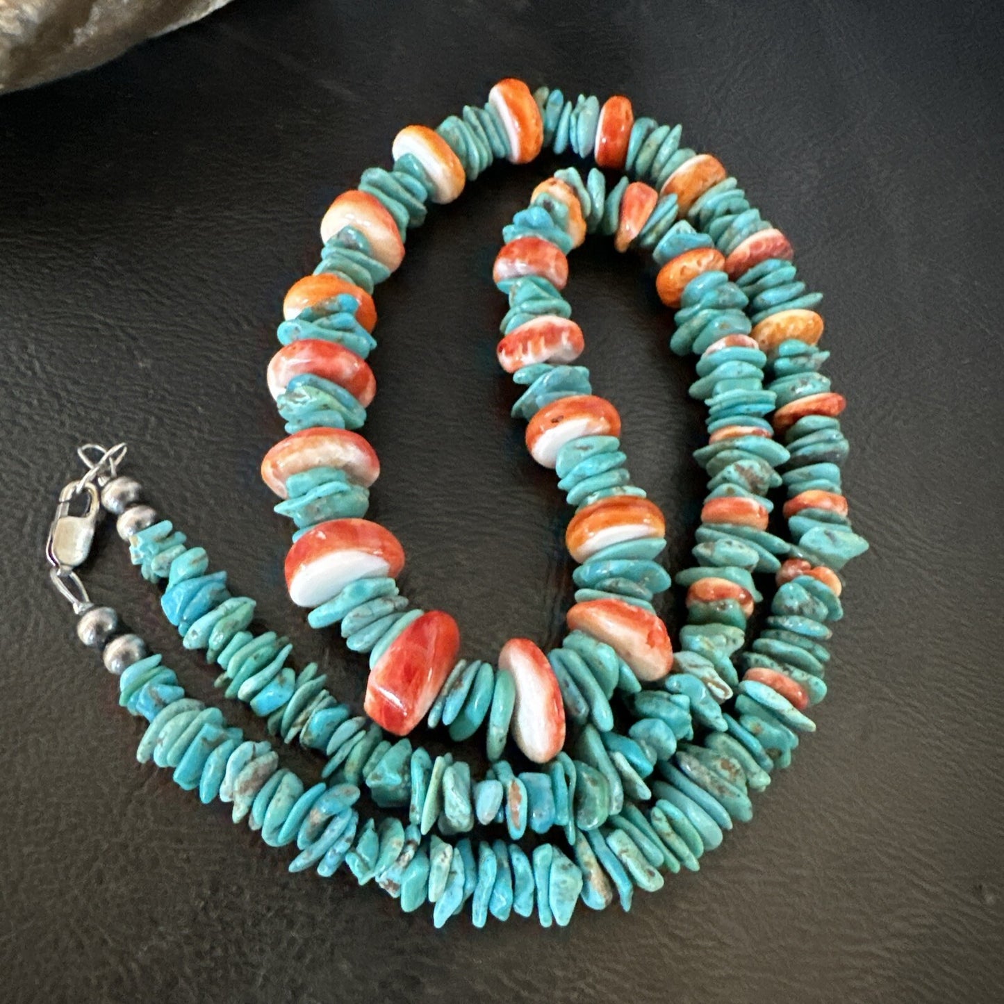 Red Spiny Oyster Blue Turquoise Navajo Sterling Silver Necklace 23" 18267