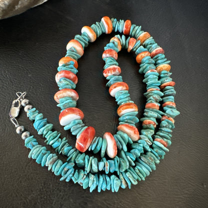 Red Spiny Oyster Blue Turquoise Navajo Sterling Silver Necklace 23" 18267