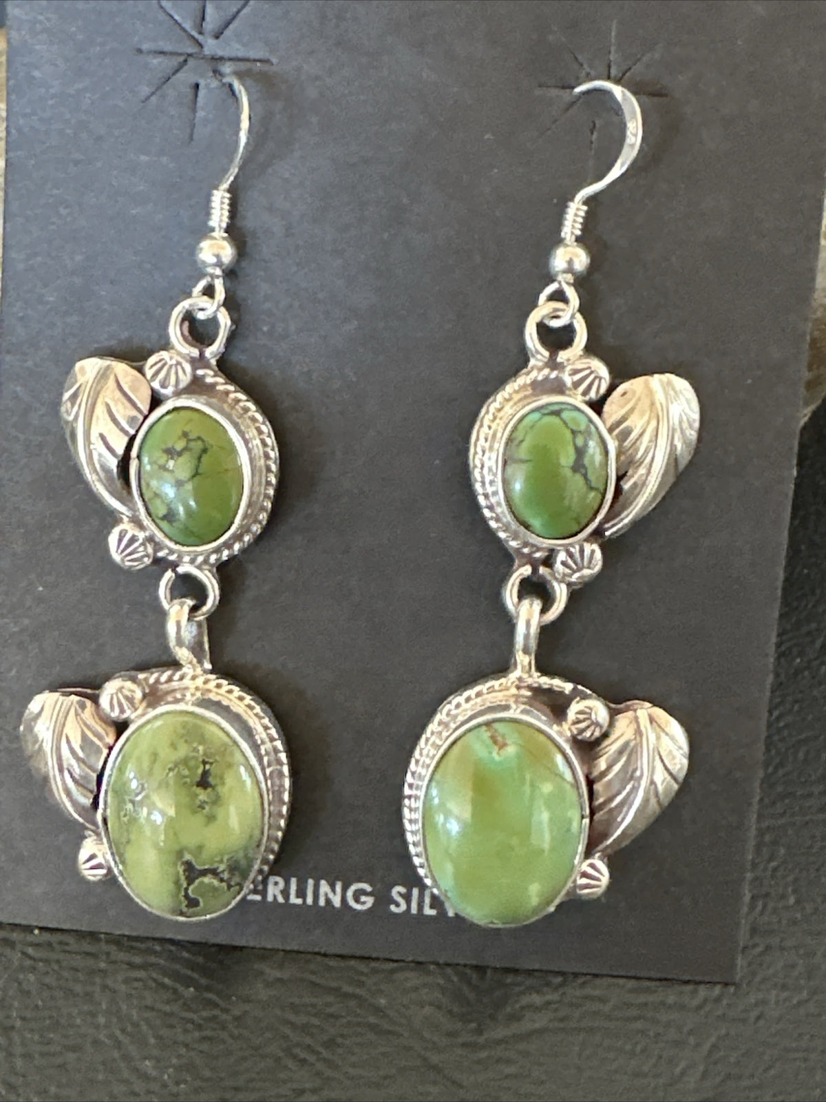 Native Navajo Green Turquoise Sterling Silver Dangle Earrings 2” 17699