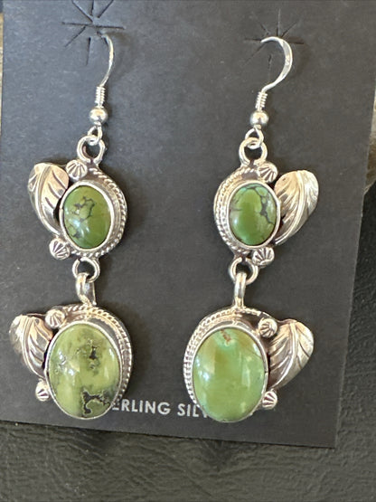 Native Navajo Green Turquoise Sterling Silver Dangle Earrings 2” 17699