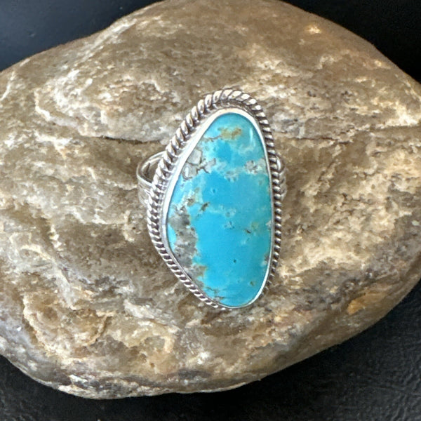 Blue Turquoise #8 Navajo Ring Size 9 | Sterling Silver | Authentic Native American Handmade | 18829
