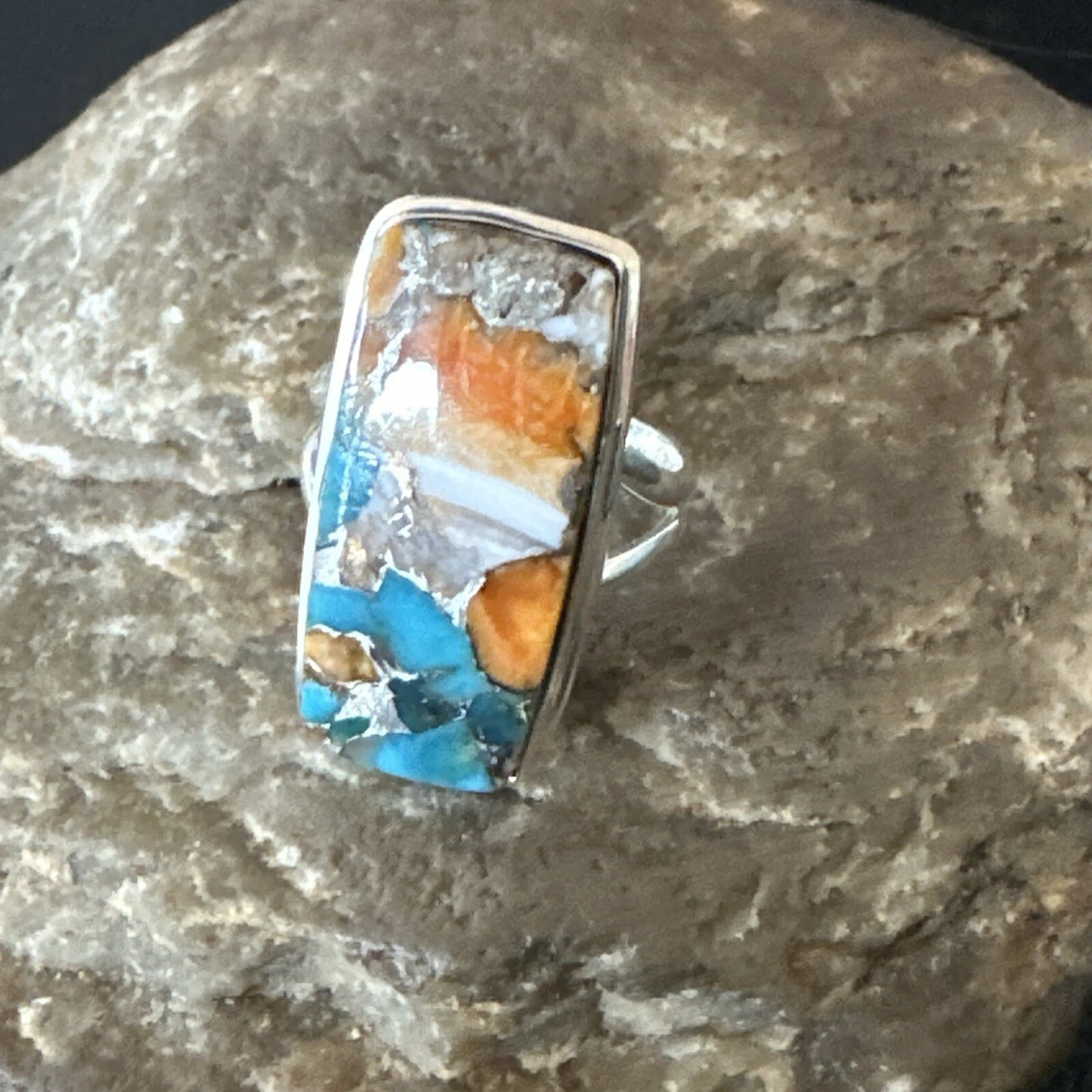 Blue Turquoise Spiny Oyster Southwestern Sterling Silver Ring Size 6 18513