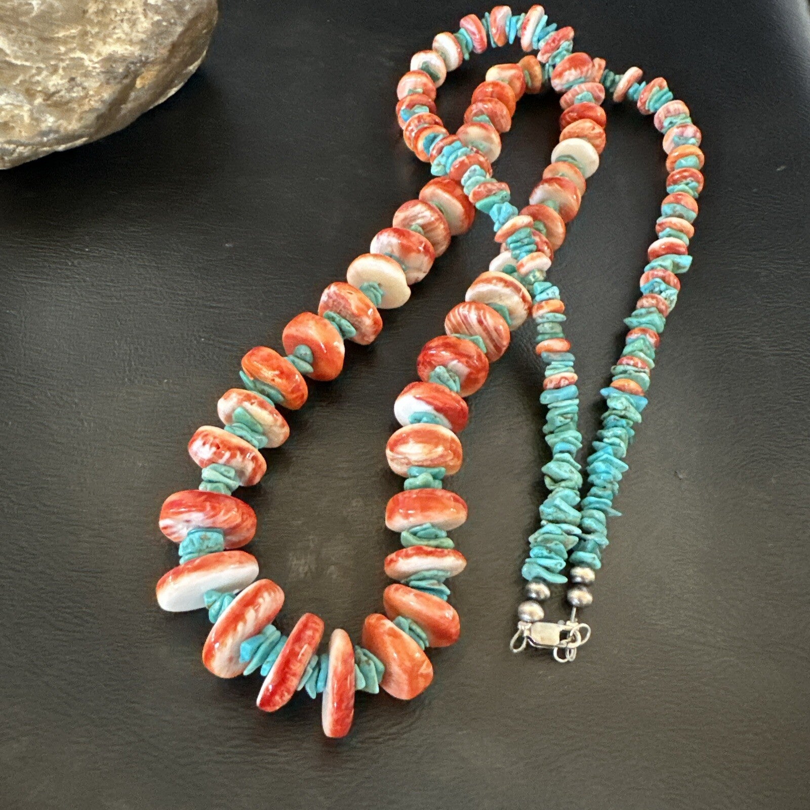 XL Red Spiny Oyster Blue Turquoise Navajo Sterling Silver Necklace 35" 18266