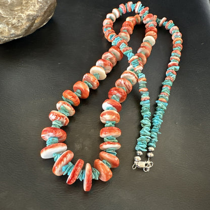 XL Red Spiny Oyster Blue Turquoise Navajo Sterling Silver Necklace 35" 18266