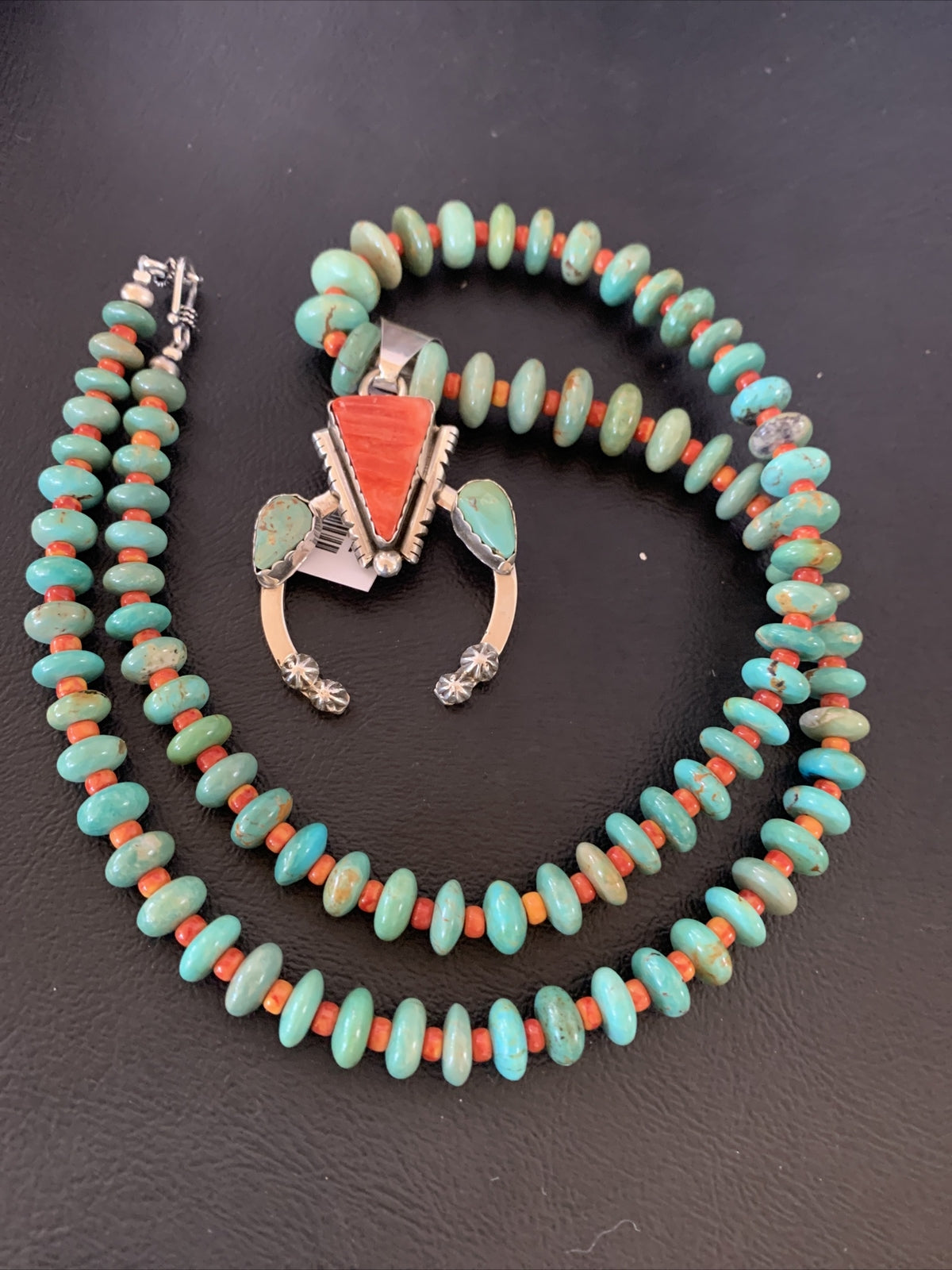 Royston Turquoise & Spiny Oyster Pendant Navajo Sterling Silver Necklace 02042