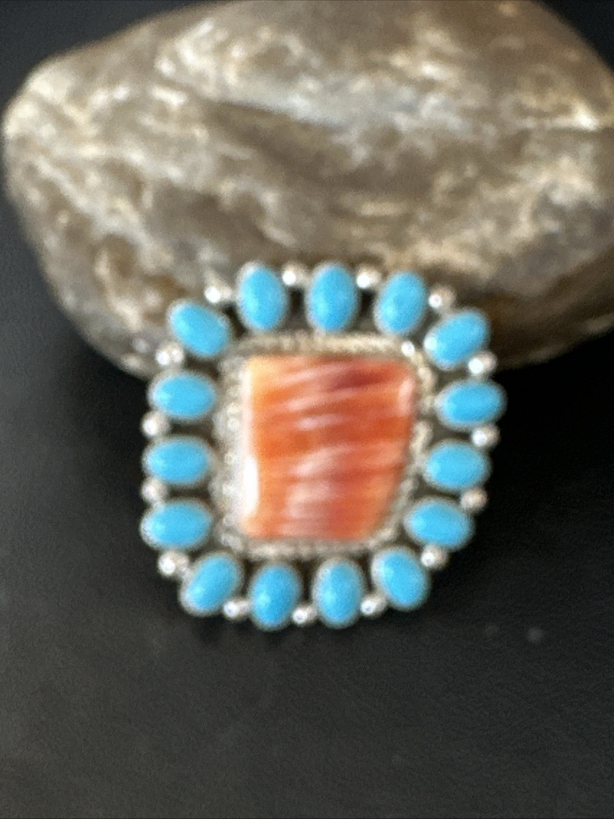 Orange Spiny Oyster Turquoise Navajo Sterling Silver Cluster Ring Sz 9 19761