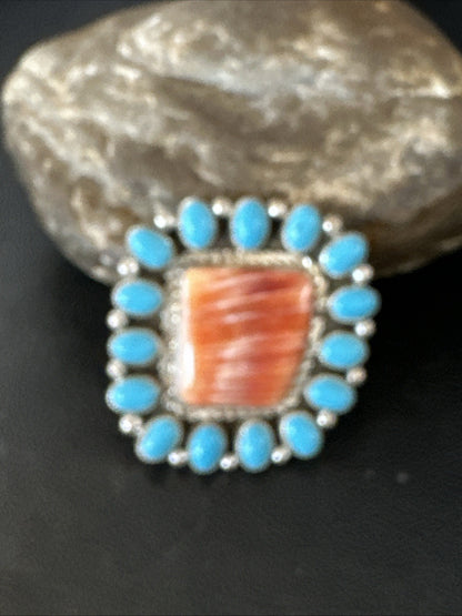 Orange Spiny Oyster Turquoise Navajo Sterling Silver Cluster Ring Sz 9 19761