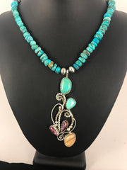Blue Turquoise, Spiny Oyster Pendant Navajo Pearls Necklace | Sterling Silver | Authentic Native American Handmade | 8487