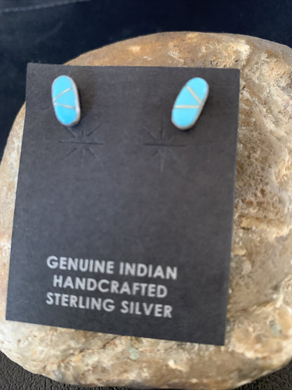Zuni Handmade Kingman Turquoise Inlay Sterling Stud Post Earrings 13025