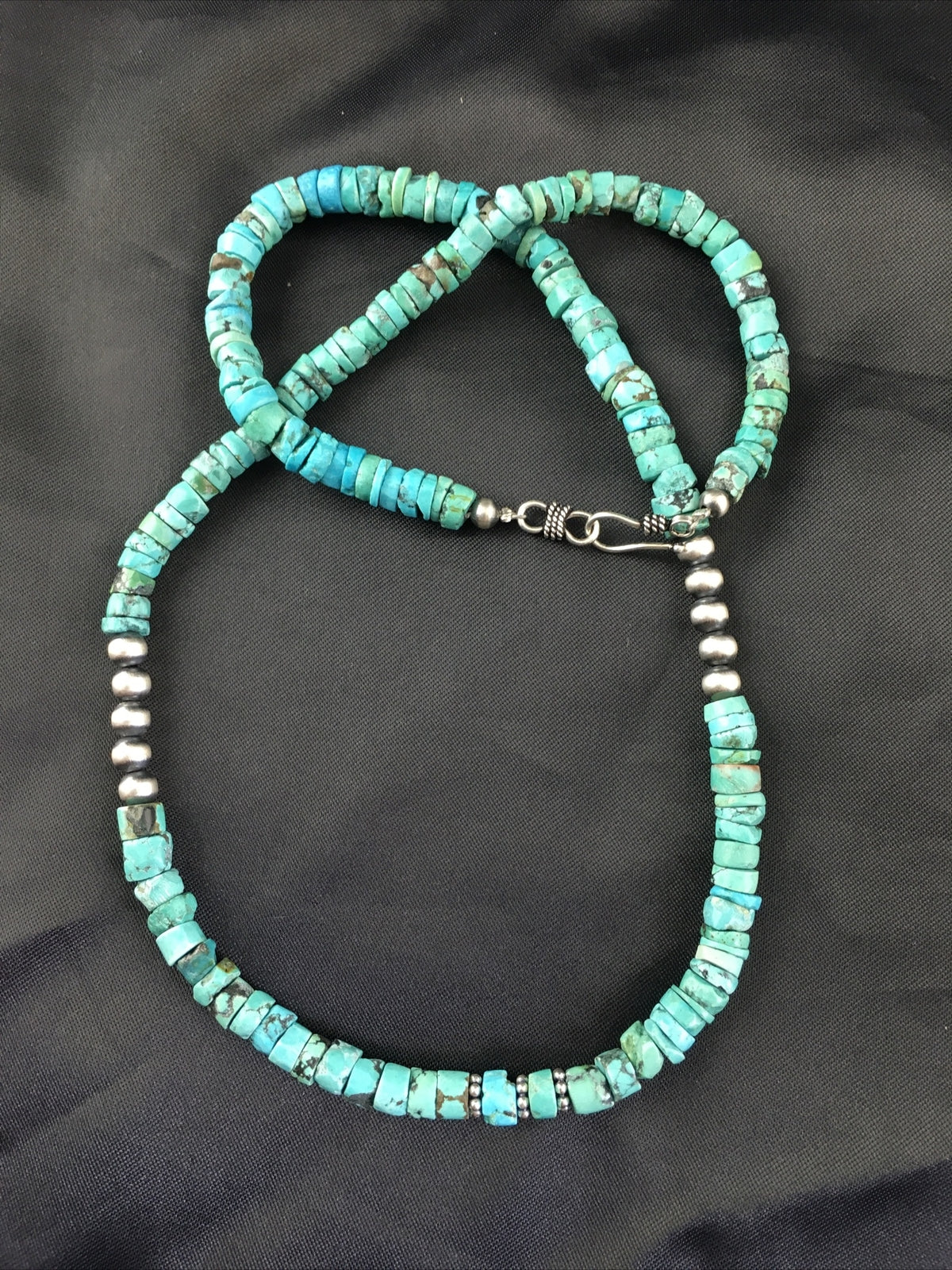 Blue Turquoise 7mm Heishi Bead Navajo Sterling Silver Necklace 1498