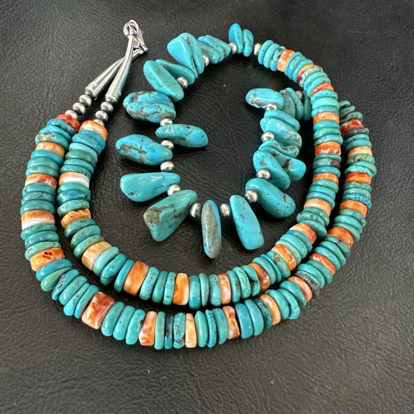 Mens Women Navajo Blue Turquoise Spiny Oyster Necklace Sterling Silver 24” 19506