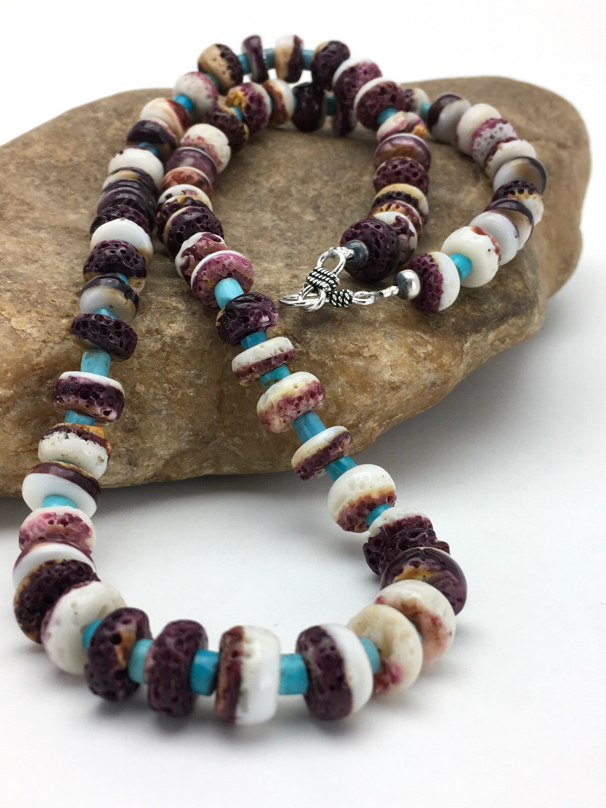 Purple Spiny Oyster & Turquoise Navajo Sterling Silver Bead Necklace 02617