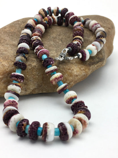 Purple Spiny Oyster & Turquoise Navajo Sterling Silver Bead Necklace 02617