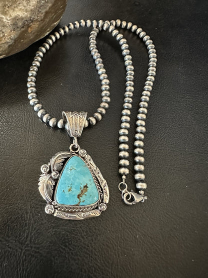 Blue Kingman Turquoise Pendant Navajo Pearls Sterling Silver Necklace 19389