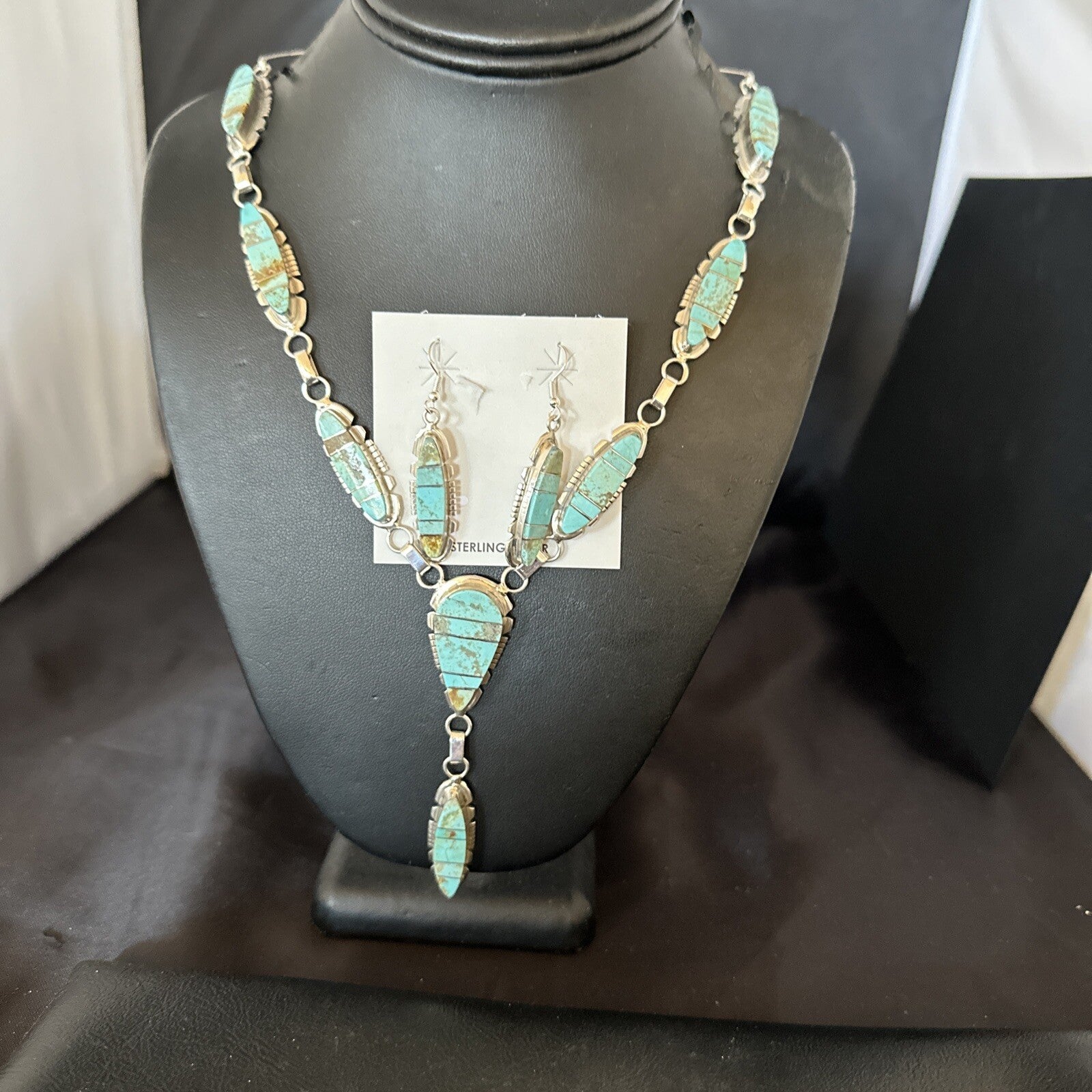 Inlay Blue Turquoise#8 Navajo Sterling Silver Lariat Necklace Earrings 24” 17770