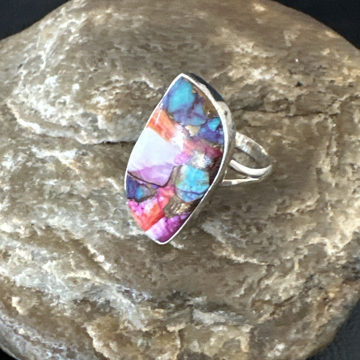 Blue Turquoise Spiny Oyster Navajo Sterling Silver Ring Size 8 18249